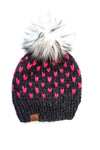 black winter hat, heart hat, pom pom beanie, knit hat, pink winter toboggan 