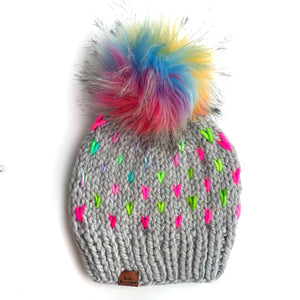 Handmade Knit Happe Hearts Pom Pom Hat | Thaw Rainbow