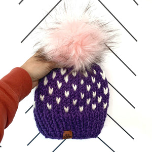Handmade Knit Happe Hearts Pom Hat | Iris Purple