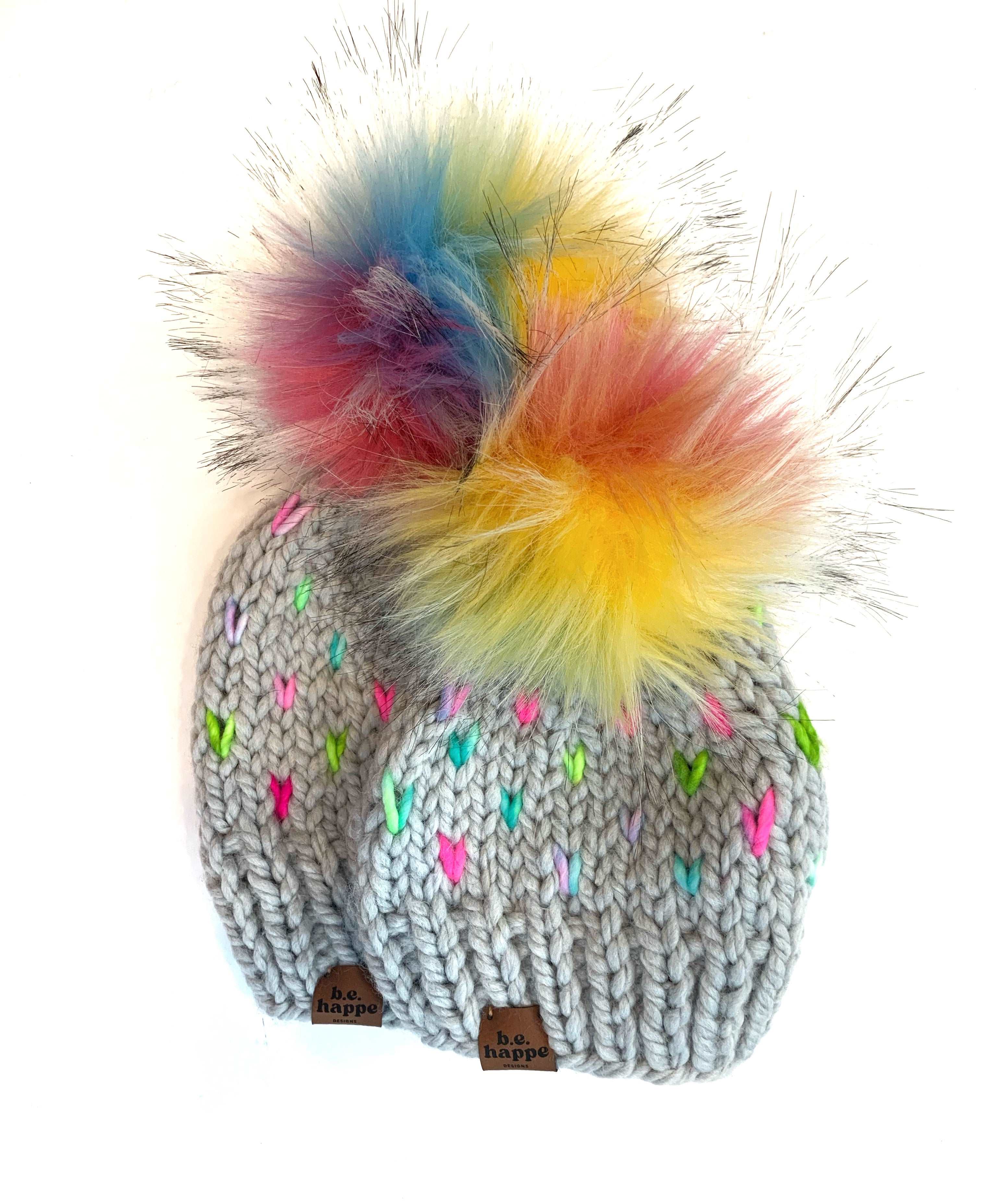 Adult Knit Pom Hat | Gray Rainbow Beanie - Hats from b.e.happe 
