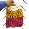 Crochet Puff Stitch Slouch Hat | Raspberry + Mustard + Off White