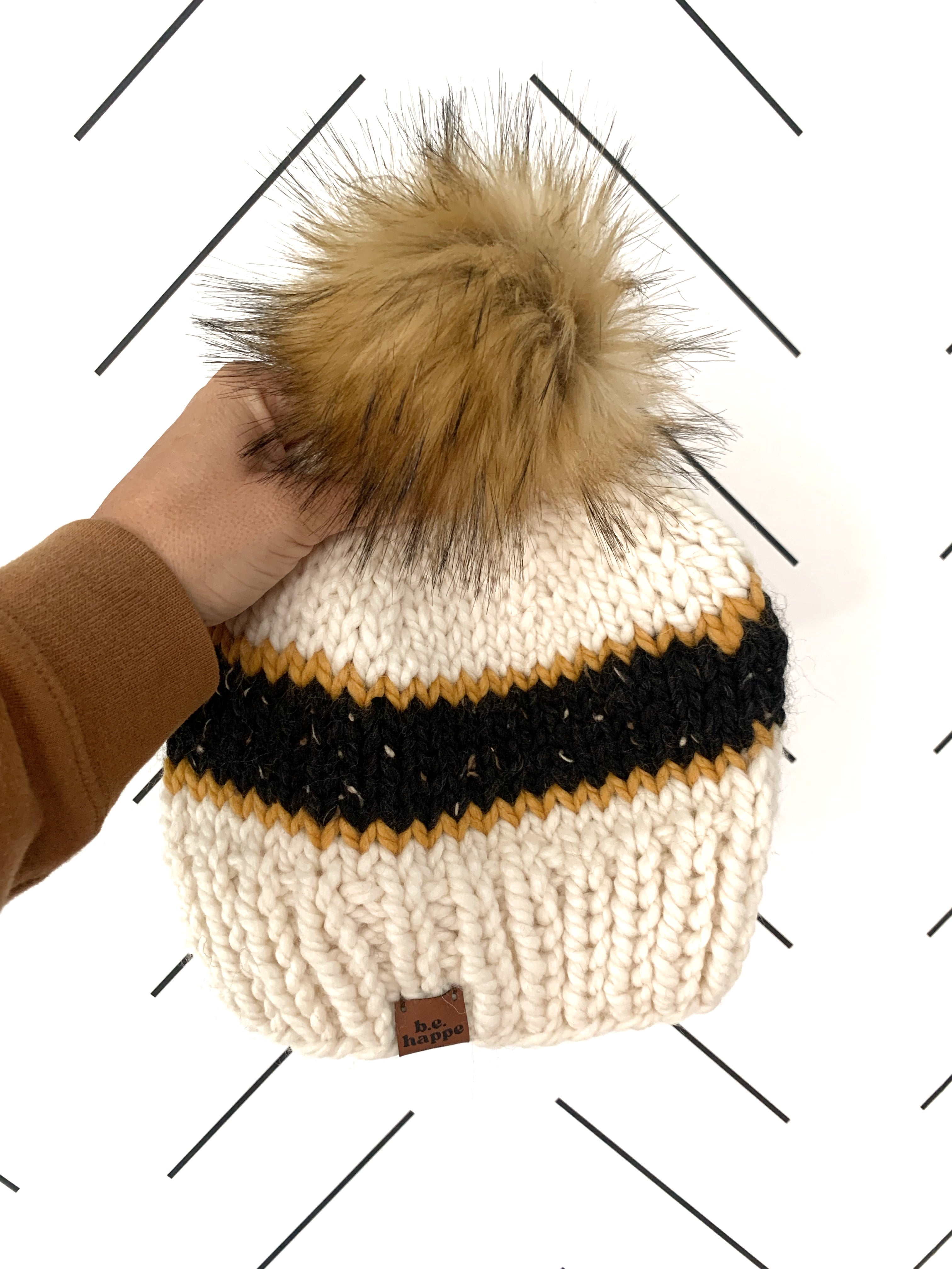 Adult Knit Pom Hat | Black + Yellow Stripe Beanie -  from b.e.happe 