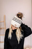 Adult Stripe Knit Pom Hat | Off White + Obsidian Black