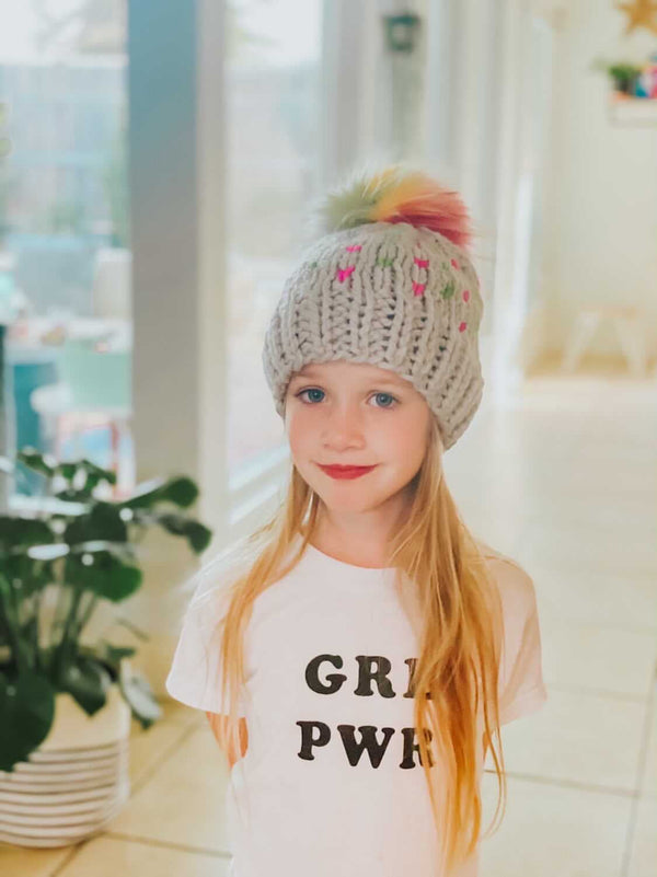 Adult Knit Pom Hat | Gray Rainbow Beanie - Hats from b.e.happe 