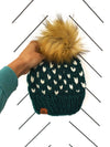 Adult Hearts Knit Pom Hat | Dark Green + Off White