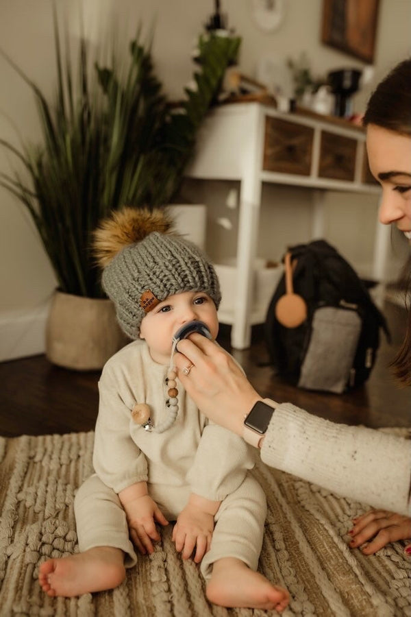 3-6 month Baby Solid Knit Pom Hat | Slate Gray -  from b.e.happe 