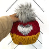 Adult Big Heart Knit Pom Pom Hat | Mustard + Cranberry + Marble