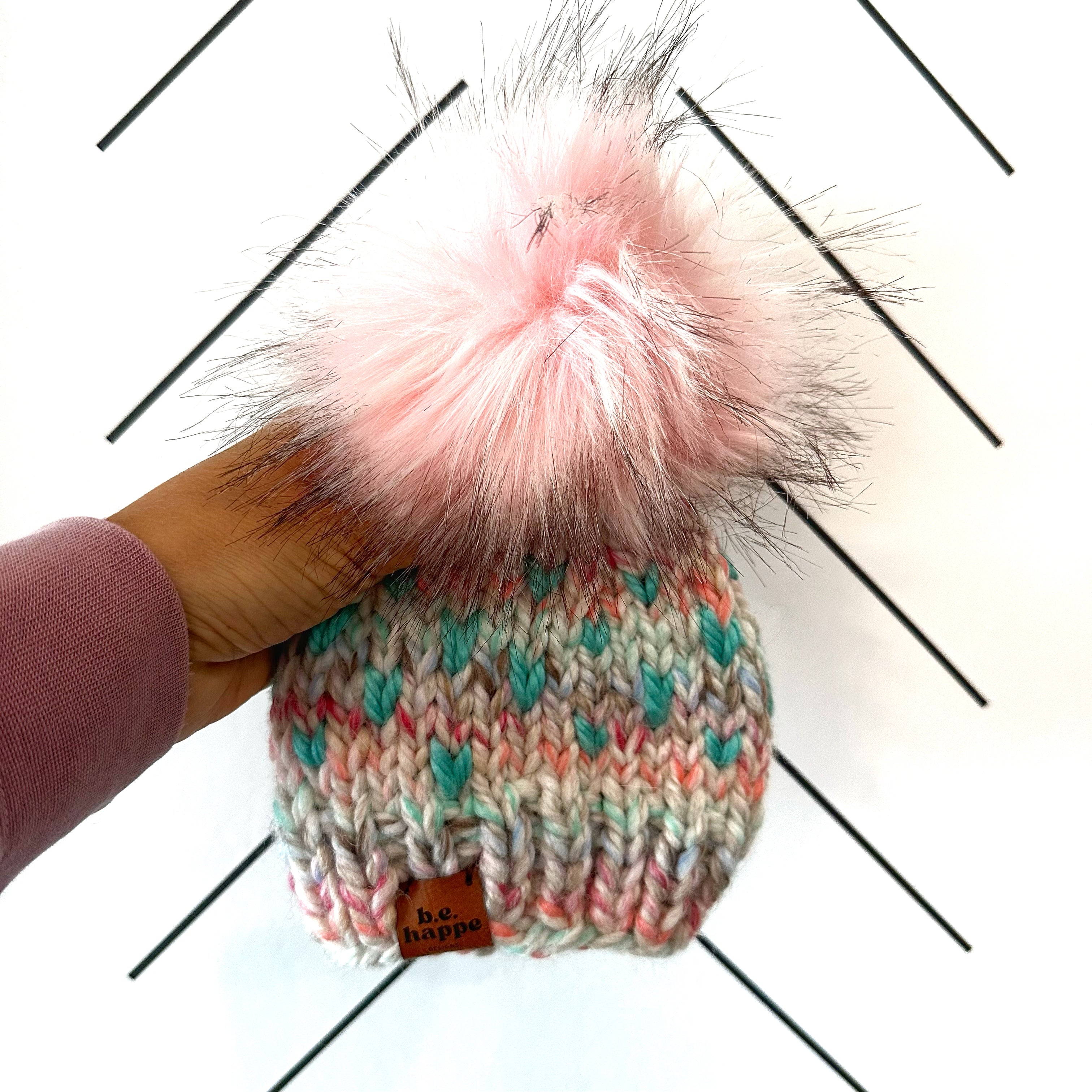 0-3 month Baby Happe Hearts Pom Hat | Pink + Seafoam - Hats from b.e.happe 
