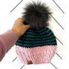 Adult Zig Zag Knit Pom Hat | Pink + Black + Teal