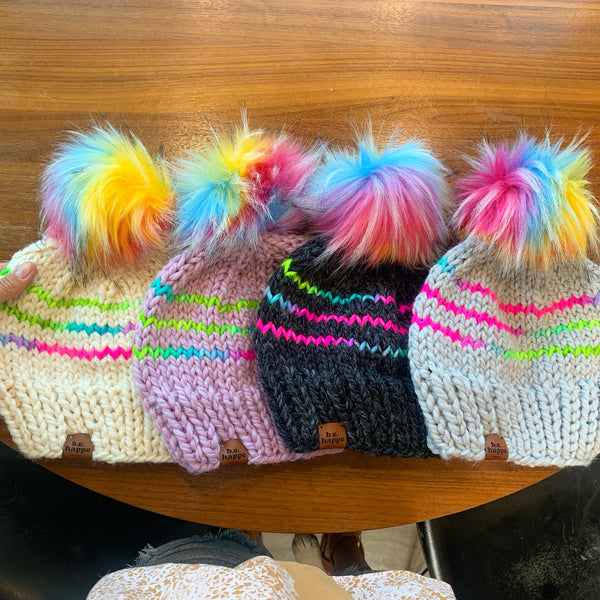 Adult Knit Pom Hat |  Rainbow Stripe Beanie - Hats from b.e.happe 