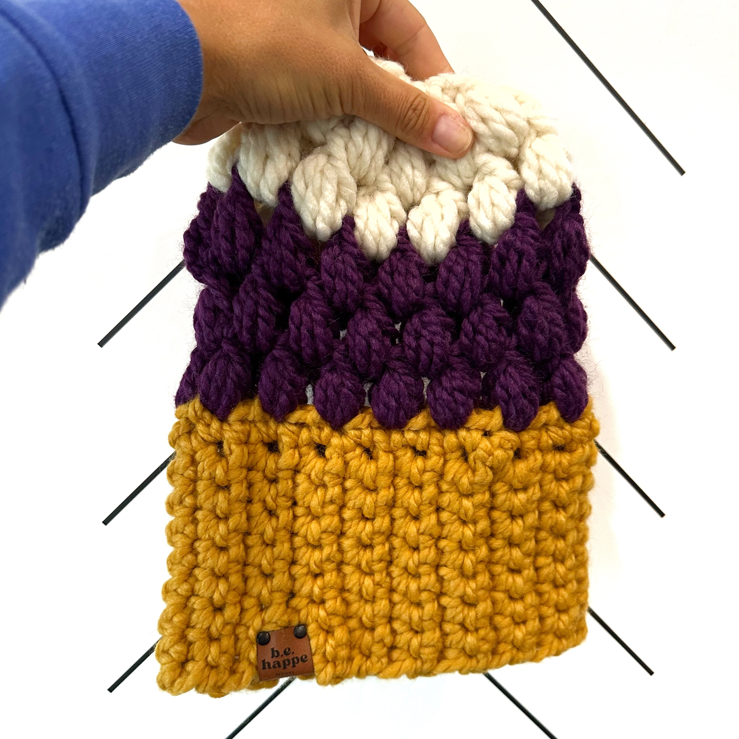 Crochet Puff Stitch Slouch Hat | Mustard + Purple Slouchy Beanie - Adult from b.e.happe 