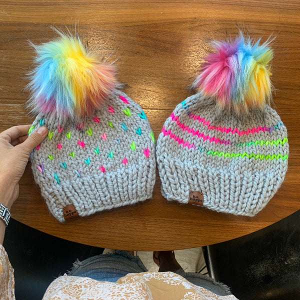 Mommy + Me Beanies | Adult + 0 - 3 month Rainbow Hat Set - b.e.happe