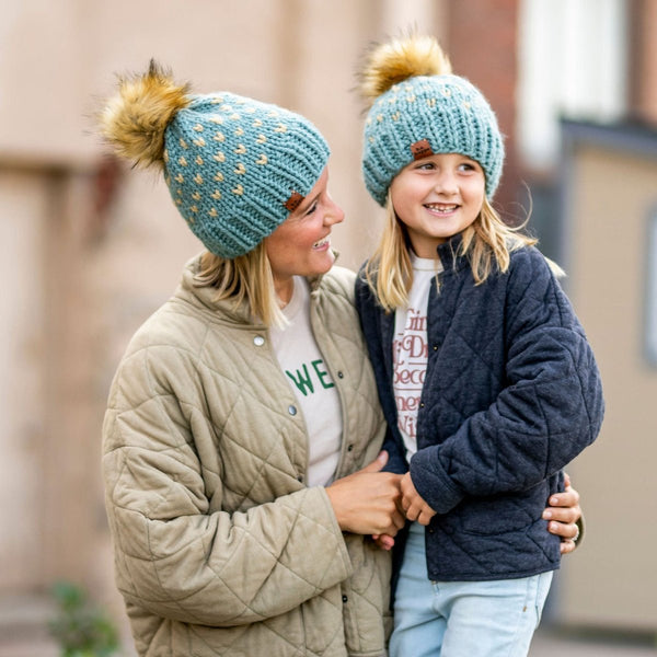 Mommy + Me Blue Knit Heart Pom Hat Set - b.e.happe