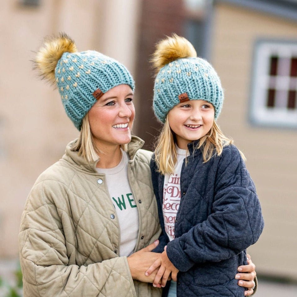 Mommy + Me Blue Knit Heart Pom Hat Set - b.e.happe