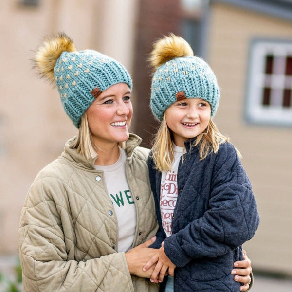 Mommy + Me Blue Knit Heart Pom Hat Set - b.e.happe