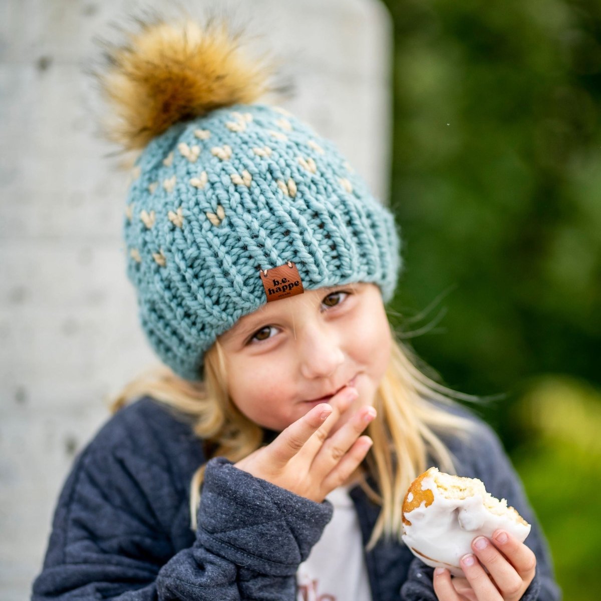 Mommy + Me Blue Knit Heart Pom Hat Set - b.e.happe