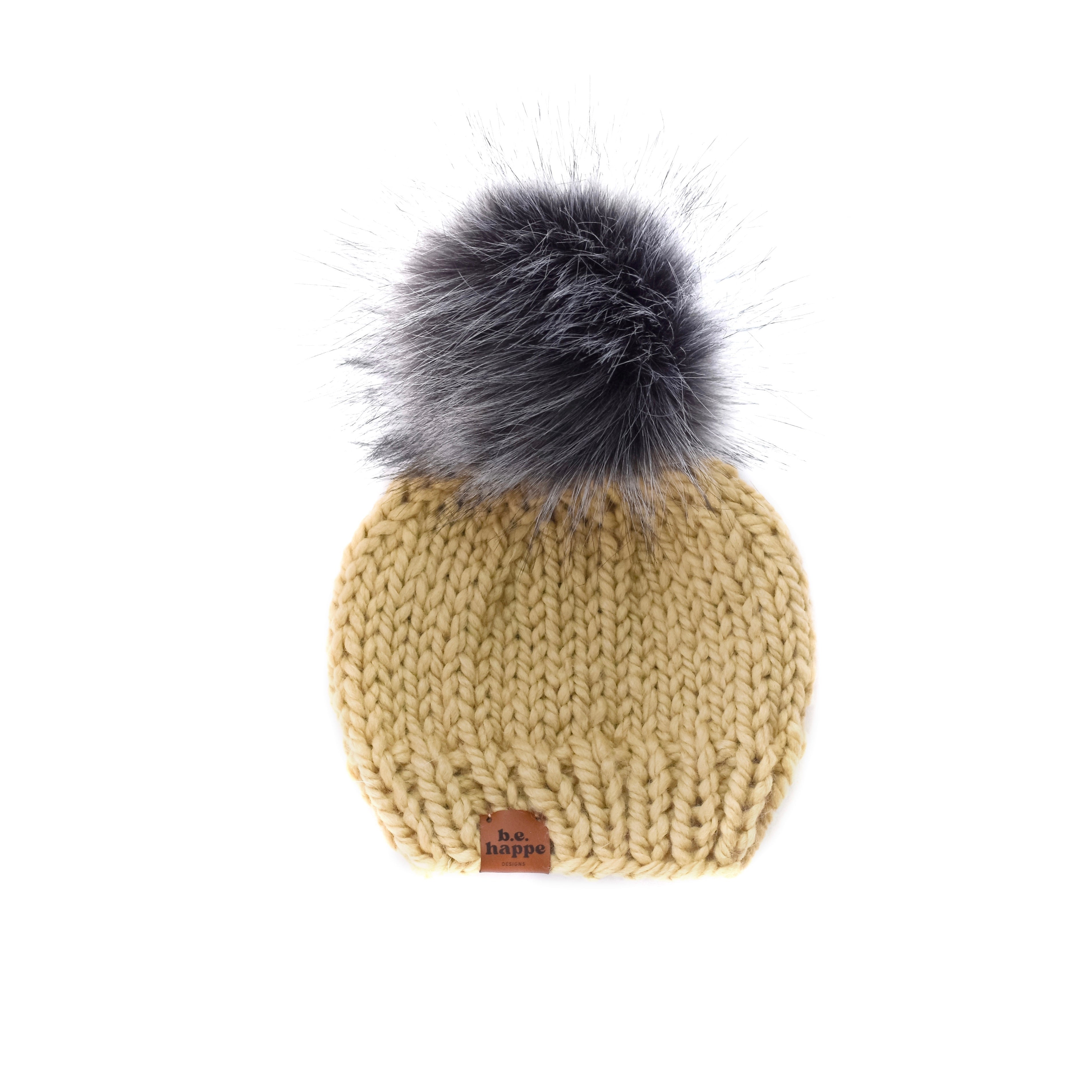 Knitted beanie with a gray pom-pom on a white background