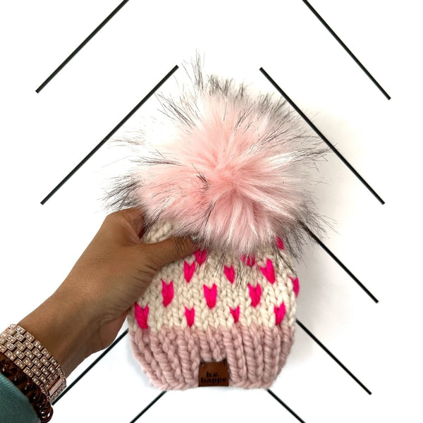 Toddler Happe Hearts Pom Hat | Light Pink + Hot Pink - b.e.happe