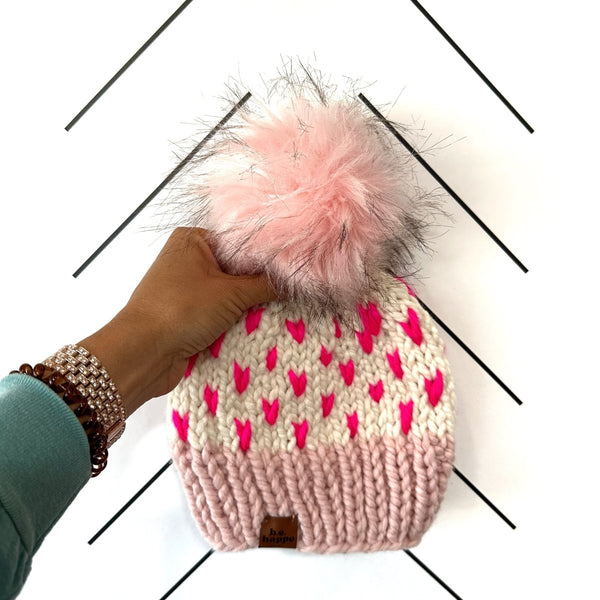 Toddler Happe Hearts Pom Hat | Light Pink + Hot Pink - b.e.happe