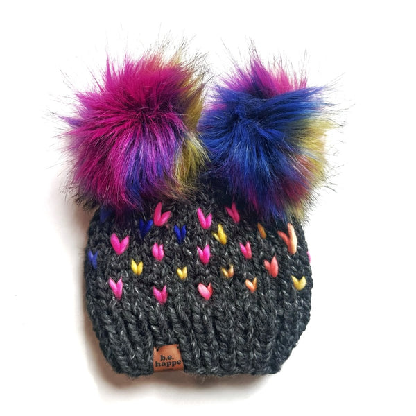 Toddler Heart Pom Hat | Double Pom Colorful Heart Beanie - b.e.happe