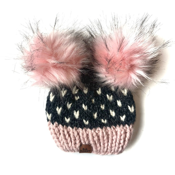 Toddler Heart Pom Hat | Double Pom Pink Gray Heart Beanie - b.e.happe