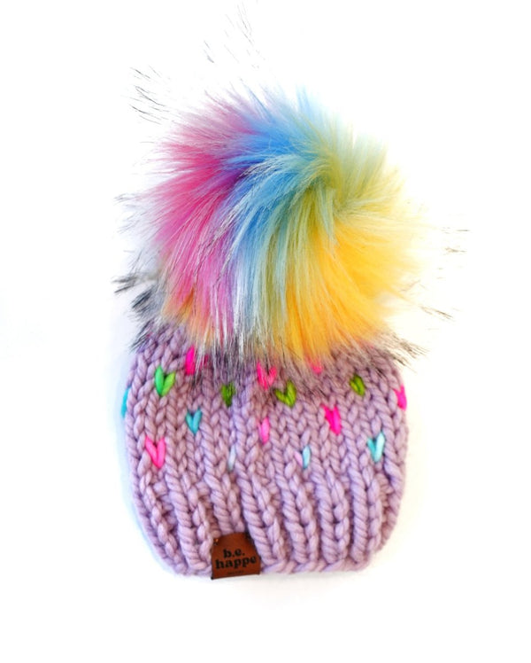 Toddler Knit Hearts Pom Hat | Rainbow Beanie - b.e.happe