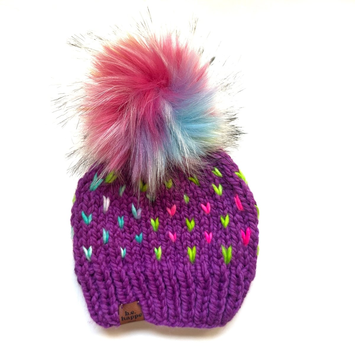 Toddler Knit Hearts Pom Hat | Rainbow Beanie - b.e.happe