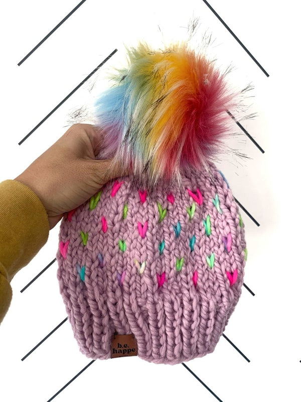 Toddler Knit Hearts Pom Hat | Rainbow Beanie - b.e.happe