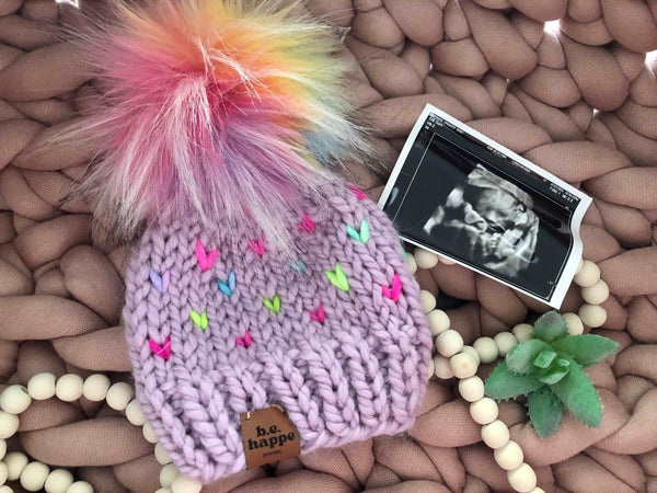 Toddler Knit Hearts Pom Hat | Rainbow Beanie - b.e.happe