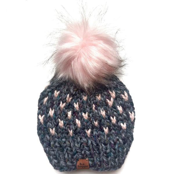 Toddler Knit Pom Hat | Blue + Purple Heart Beanie - b.e.happe