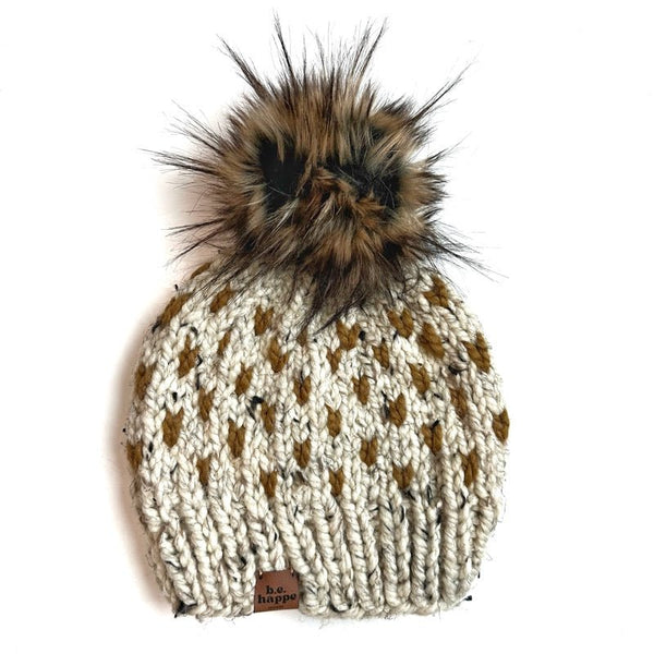 Toddler Knit Pom Hat | Flax Brown Heart Beanie - b.e.happe