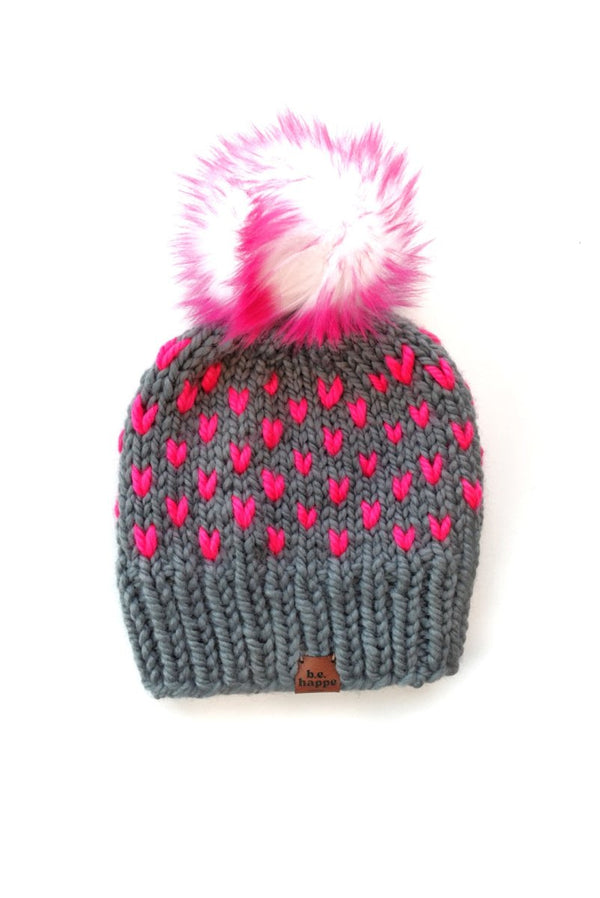 Toddler Knit Pom Hat | Hot Pink Heart Beanie - b.e.happe