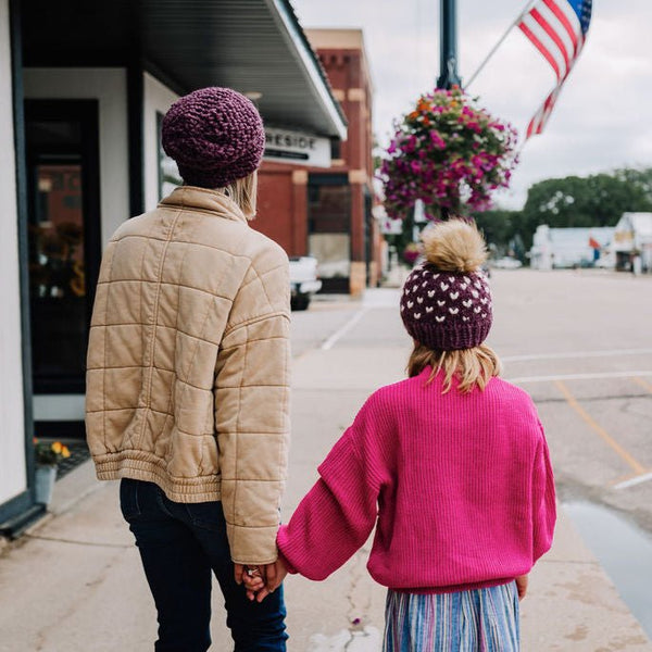 Toddler Knit Pom Hat | Purple Heart Beanie - b.e.happe