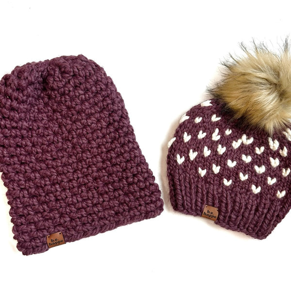 Toddler Knit Pom Hat | Purple Heart Beanie - b.e.happe