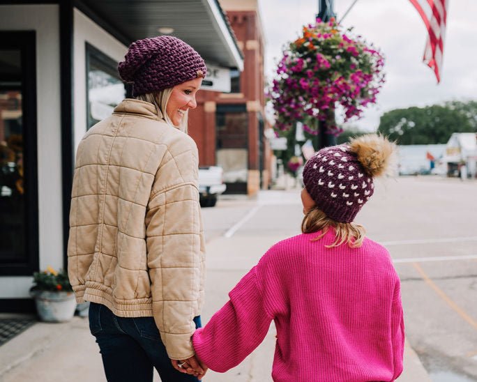 Toddler Knit Pom Hat | Purple Heart Beanie - b.e.happe