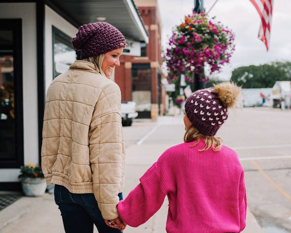 Toddler Knit Pom Hat | Purple Heart Beanie - b.e.happe