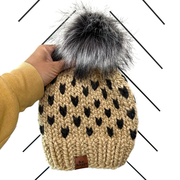 Toddler Knit Pom Hat | Tan Heart Beanie - b.e.happe