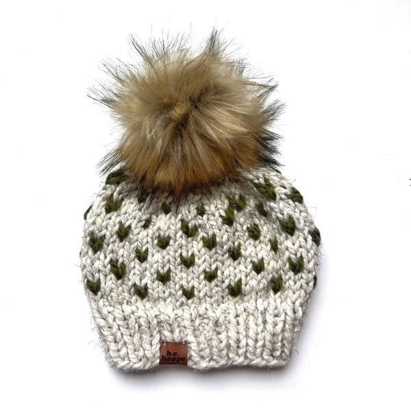 Toddler Knit Pom Hat | Wheat + Green Beanie - b.e.happe