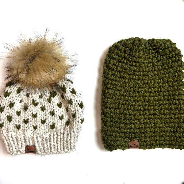 Toddler Knit Pom Hat | Wheat + Green Beanie - b.e.happe