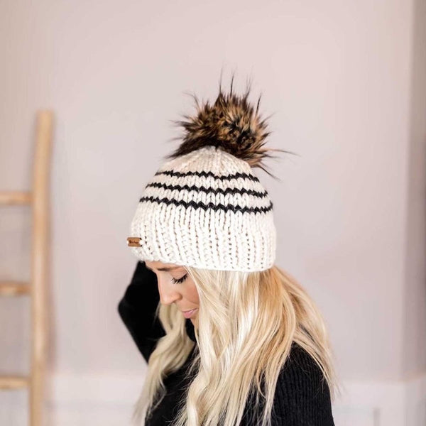 Toddler Pom Hat | Black Stripe Winter Beanie - b.e.happe
