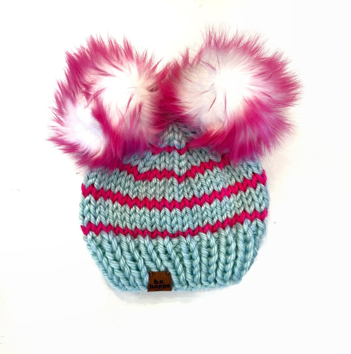 Toddler Stripe Knit Double Pom Pom Hat | Wool Free Blue + Hot Pink - b.e.happe