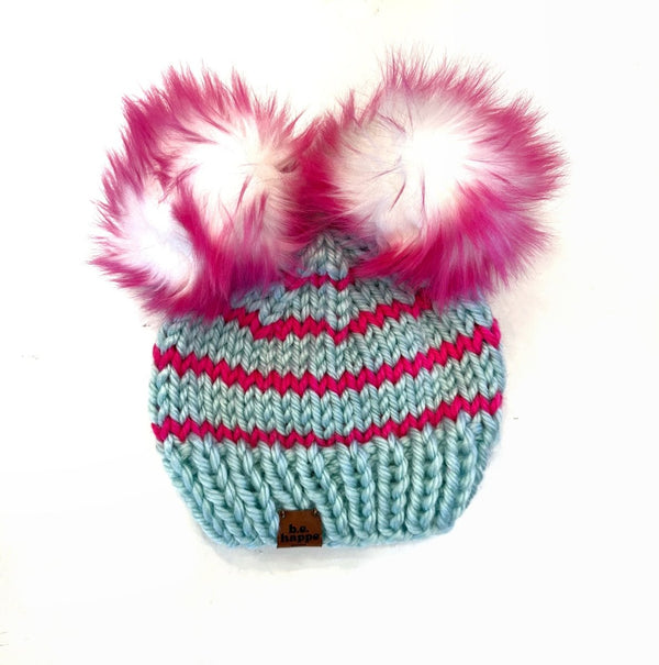 Toddler Stripe Knit Double Pom Pom Hat | Wool Free Blue + Hot Pink - b.e.happe