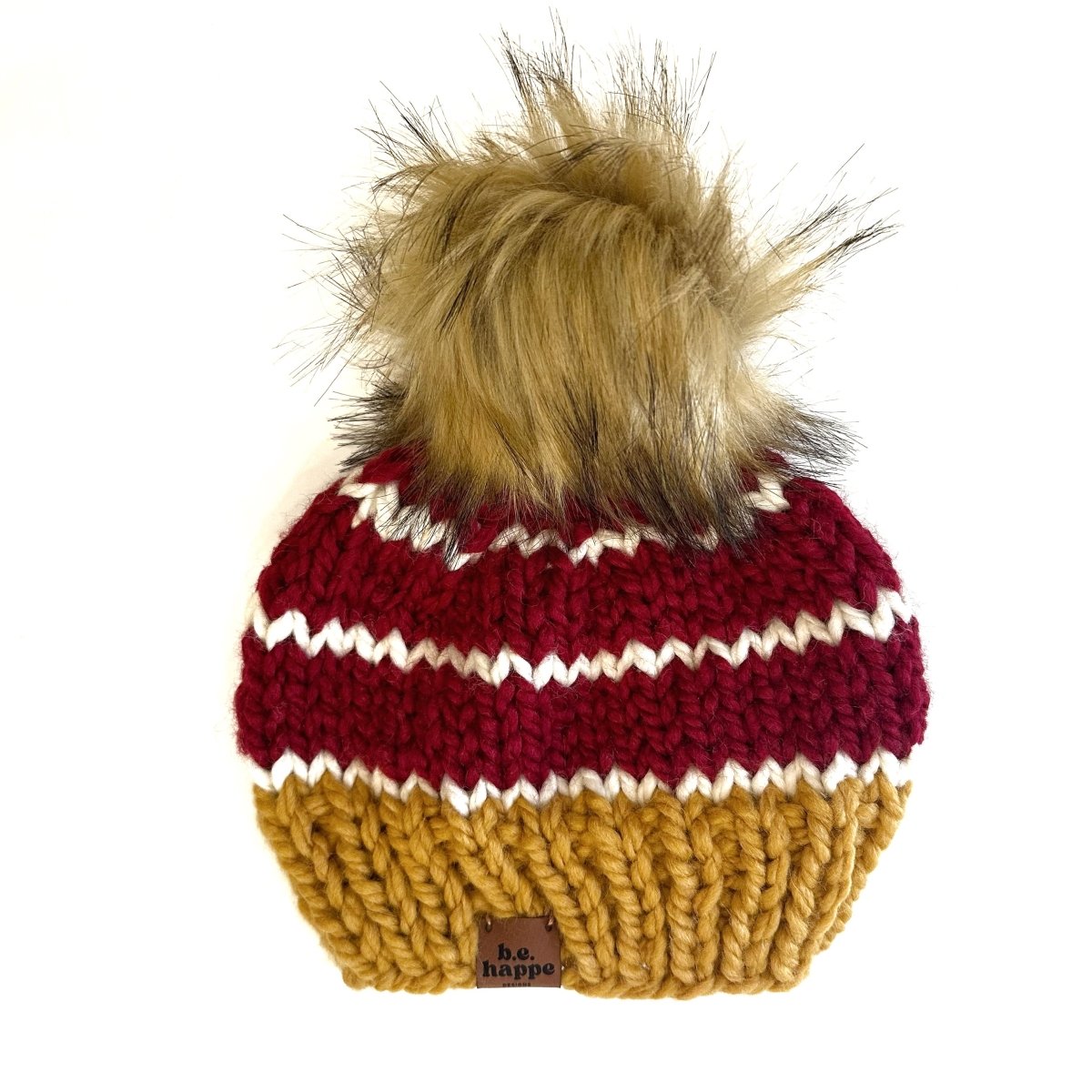 Toddler Stripe Knit Pom Pom Hat | Mustard Yellow + Red - b.e.happe