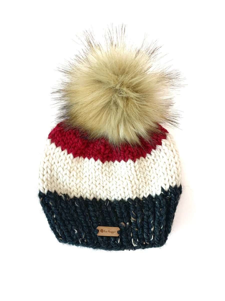Toddler Stripe Pom Hat | Black + Off White + Cranberry - b.e.happe