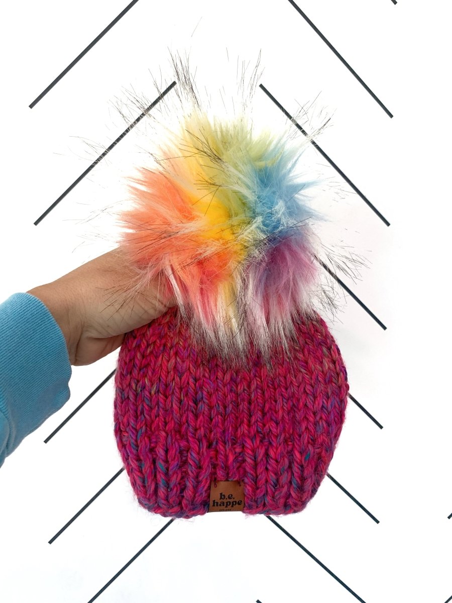 Toddler Wool Free Knit Pom Hat | Rainbow Beanie - b.e.happe