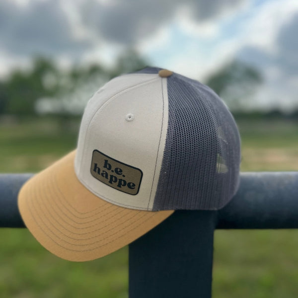 Trucker Snapback Cap | Grey, Cream + Muted Mustard - b.e.happe