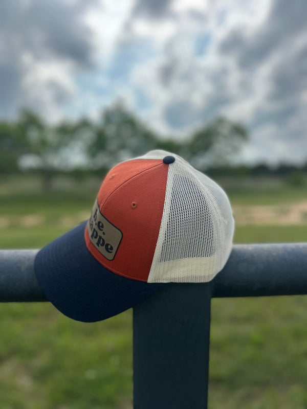 Trucker Snapback Cap | Navy, Cream + Rust Orange - b.e.happe