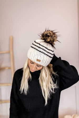 Adult Knit Pom Hat | Off White + Black Stripe Beanie - handcrafted from b.e.happe 