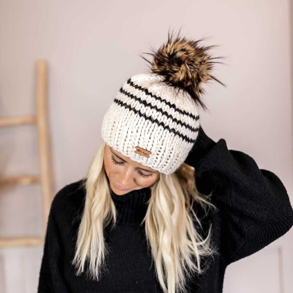 Women’s Black & Cream Striped Pom Beanie – Handmade Knit Winter Hat - b.e.happe
