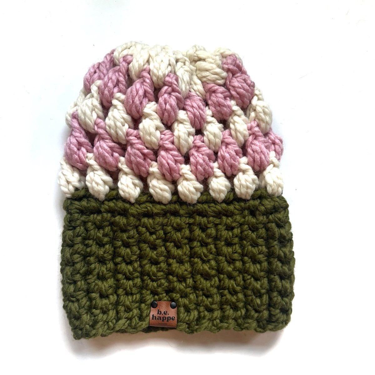 Women's Slouch Hat | Green + Light Pink Slouchy Beanie - b.e.happe